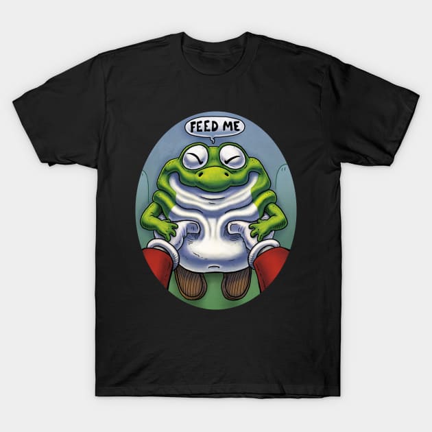 Hungry Baby Dinosaur sidekick. Feed Me. 16bit retro game Dino hero of Dinosaur Land. T-Shirt by JENNEX